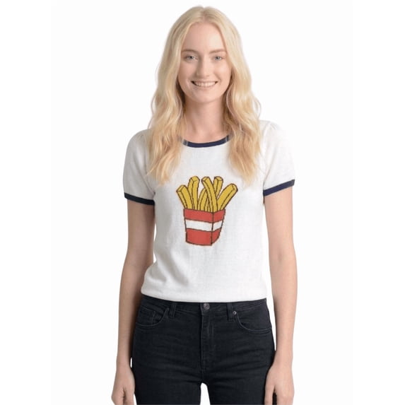 YEMAK Women's Short Sleeve Crewneck French Fries Print Casual T-Shirt Sweater MK32002-IVORY-L