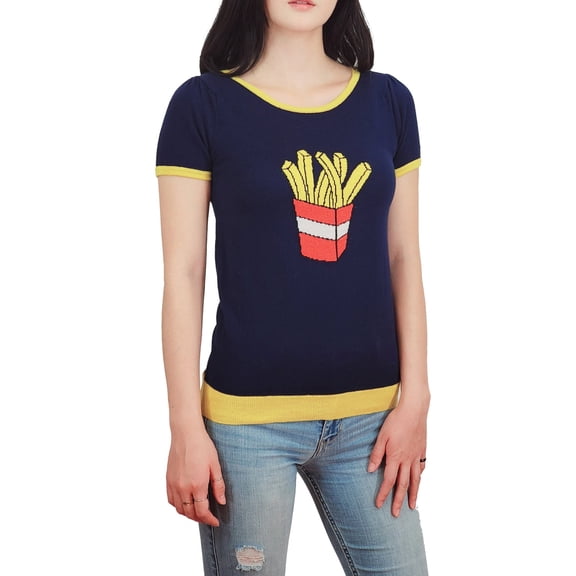 YEMAK Women's Short Sleeve Crewneck French Fries Print Casual T-Shirt Sweater MK32002-NAVY-L