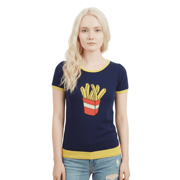 YEMAK Women's Short Sleeve Crewneck French Fries Print Casual T-Shirt Sweater MK32002-NAVY-S