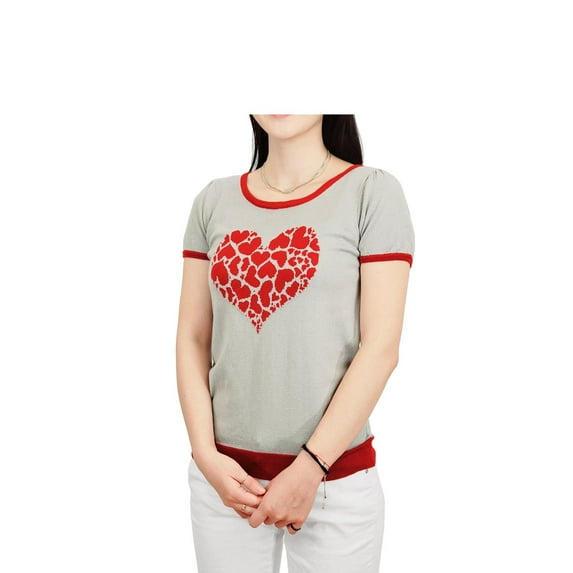 YEMAK Women's Short Sleeve Crewneck Heart Print Casual T-Shirt Sweater MK32003HEART-GREY/RED-S