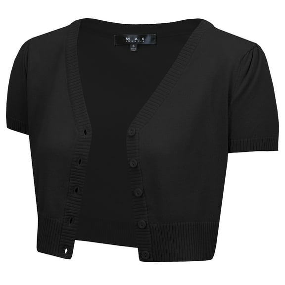 YEMAK Women's Short Sleeve Cropped Bolero Button Down Cardigan Sweater HB2137-BLK-L