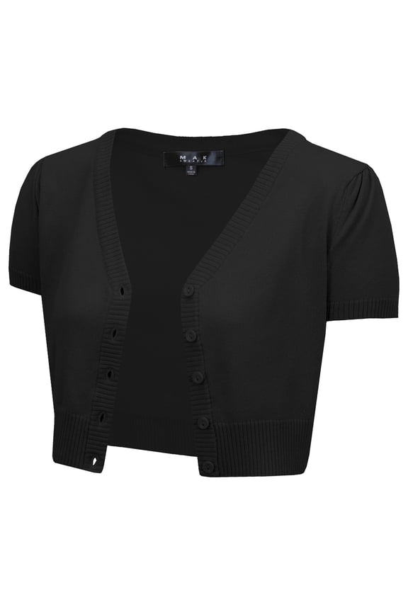 Women's Short Sleeve Cropped Bolero Button Down Cardigan Sweater HB2137-BLK-S