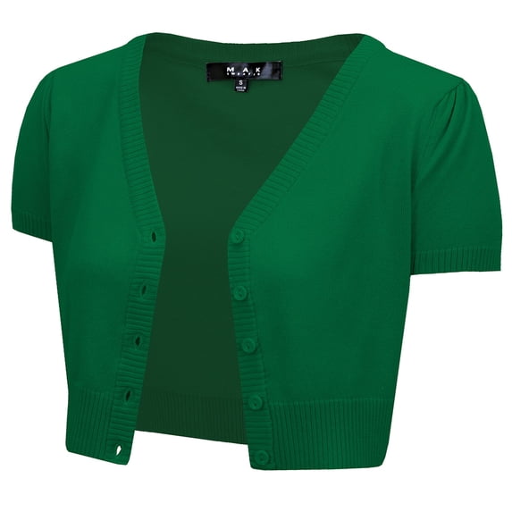 YEMAK Women's Short Sleeve Cropped Bolero Button Down Cardigan Sweater HB2137-KGR-L