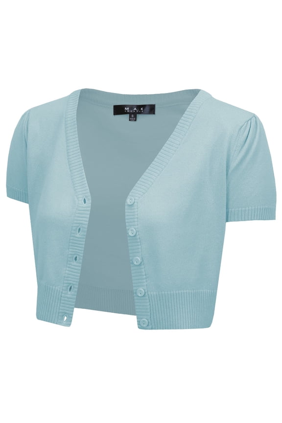Women's Short Sleeve Cropped Bolero Button Down Cardigan Sweater HB2137-LBL-L