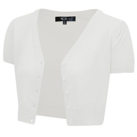 YEMAK Women's Short Sleeve Cropped Bolero Button Down Cardigan Sweater HB2137-WHT-L