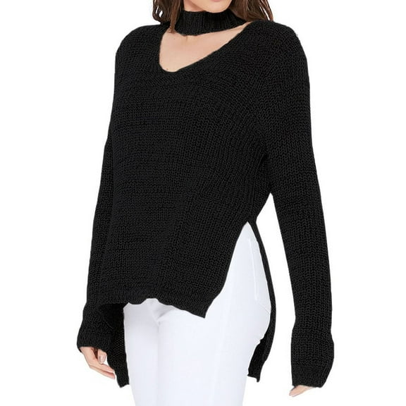 YEMAK Women's V-Neck Choker Style Side Slit Casual Knit Pullover Sweater MK8143-BLK-M