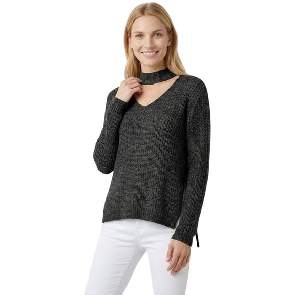 YEMAK Women's V-Neck Choker Style Side Slit Casual Knit Pullover Sweater MK8143-BLK-S