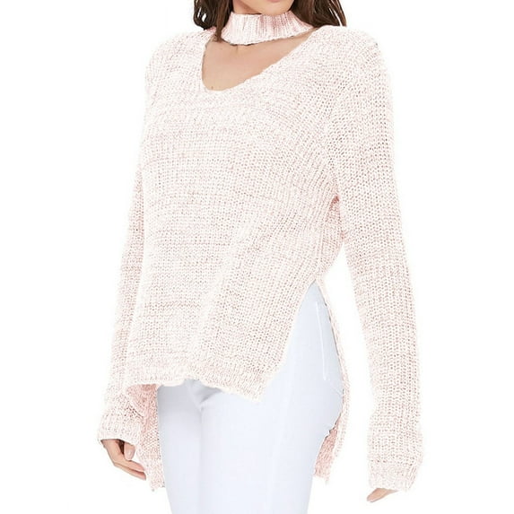 YEMAK Women's V-Neck Choker Style Side Slit Casual Knit Pullover Sweater MK8143-BLS-S