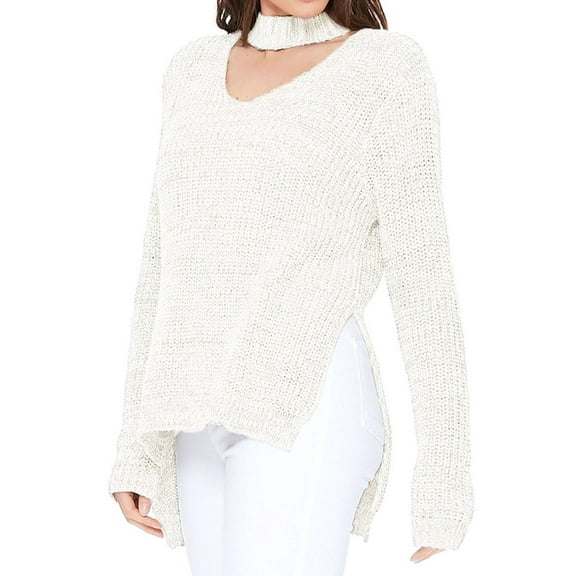 YEMAK Women's V-Neck Choker Style Side Slit Casual Knit Pullover Sweater MK8143-OAT-M