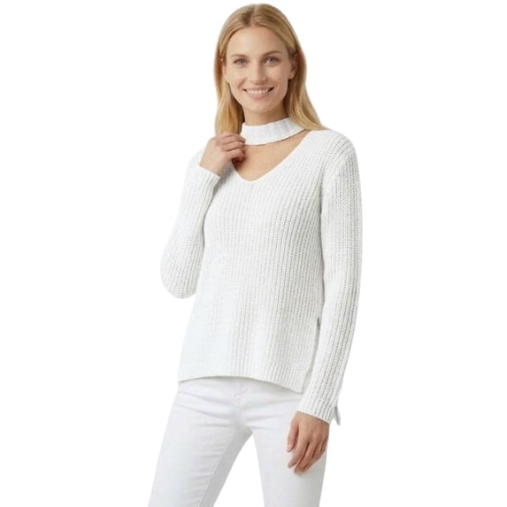 YEMAK Women's V-Neck Choker Style Side Slit Casual Knit Pullover Sweater MK8143-OAT-S