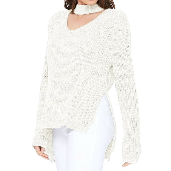 YEMAK Women's V-Neck Choker Style Side Slit Casual Knit Pullover Sweater MK8143-OAT-S