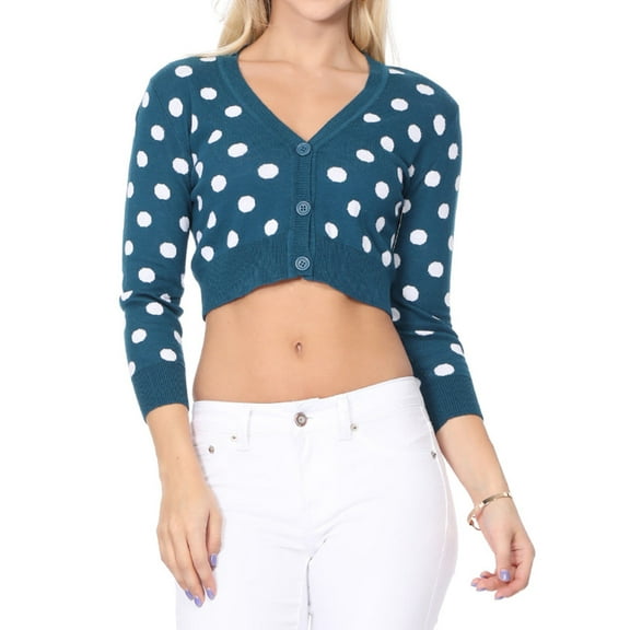 YEMAK Women's 3/4 Sleeve V-Neck Polka Dot Cropped Bolero Sweater Cardigan MK8213-TEALBLUE/WHITE-S