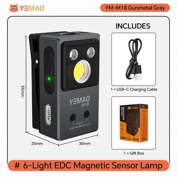 YEMAO M18 270LM EDC Flashlight, Magnetic Clip Light with 7 RGB Colors & UV Light, Rechargeable 500mAh Battery, Portable Sensor Lamp