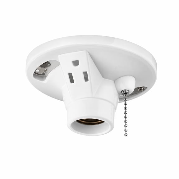 YEMNPIOS 1 Pack Porcelain Light Socket with Outlet and Pull Chain Fixture E27 E26 Base for Indoor Garage Closet Lighting