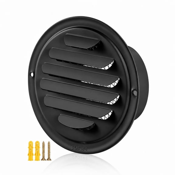 YEMNPIOS 1 Pc Round Soffit Vent Cover 4 Inch Stainless Steel Louvered Grille with Fly Screen Black