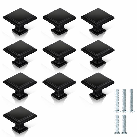 YEMNPIOS 10 Pcs Black Matte Cabinet Knobs 1.25 Inch Square Zinc Alloy Drawer Pull Hardware