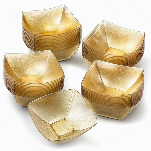 YEMNPIOS 12 Pcs 8 oz Gold Square Plastic Disposable Salad Serving Bowls