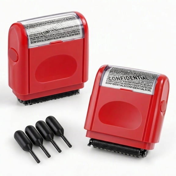 YEMNPIOS 2 Pack Identity Protection Roller Stamp with 4 Refill Ink for Privacy Confidential Data Address Security Red