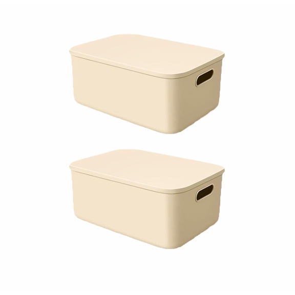 YEMNPIOS 2 Pcs Colorful Storage Bins with Lids and Handle, Plastic Stackable Baskets Storage Containers, Desktop Cube Box Cubby Bins for Shelf Cabinet(Cream Color,14.4 x 10.2 x 6.3 Inch)