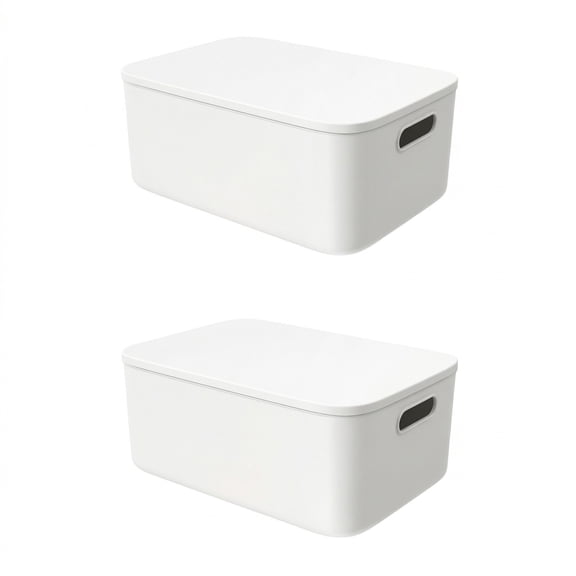 YEMNPIOS 2 Pcs Colorful Storage Bins with Lids and Handle, Plastic Stackable Baskets Storage Containers, Desktop Cube Box Cubby Bins for Shelf Cabinet(White Color,14.4 x 10.2 x 6.3 Inch)