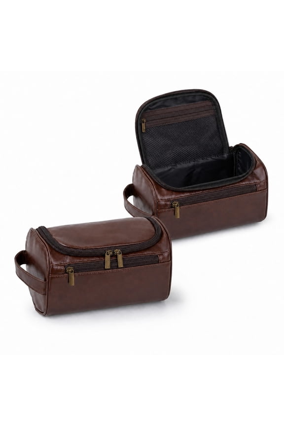 2 Pcs Leather Toiletry Bag for Men with Hanging Hook, Dark Brown Travel Shaving Kit for Groomsmen Gift, Wedding Proposal Father Gift Set of 2