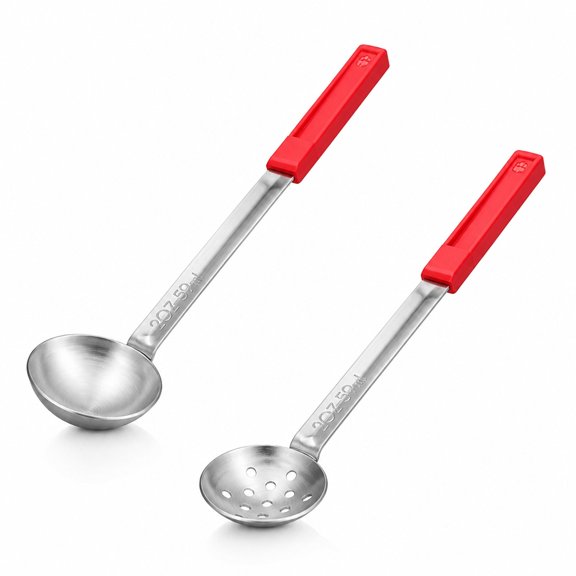 YEMNPIOS 2 Pcs Portion Control Serving Spoons 2 oz Solid Slotted Stainless Steel Ladle for Party Red