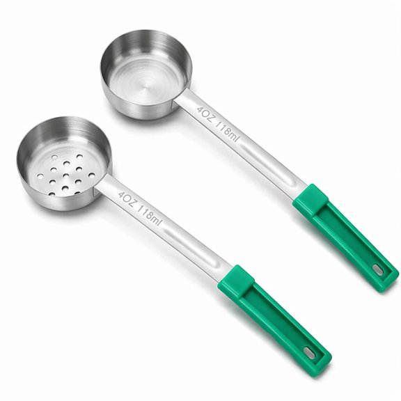 YEMNPIOS 2 Pcs Portion Control Serving Spoons 4 oz Solid Slotted Stainless Steel Ladle for Party Green