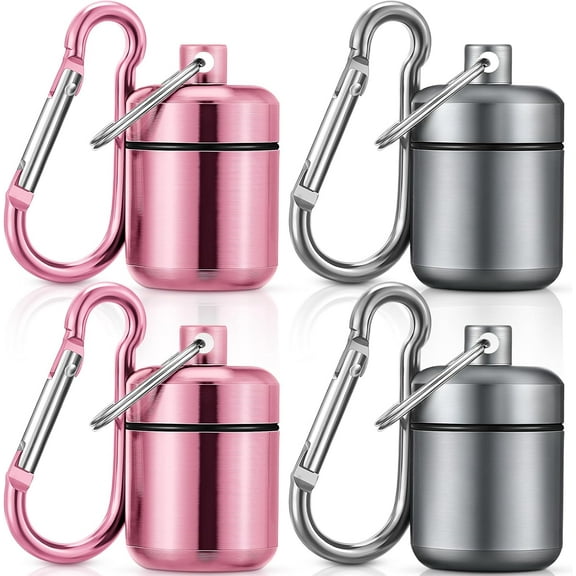 YEMNPIOS 4 Pack Ear Plug Carrying Case, Waterproof Metal Ear Plug Holder with Keychain, Portable Small Pill Case Container for Earplugs, Jewelry, Pill Organizer for Travel or Sports(Pink, Matte Gray)