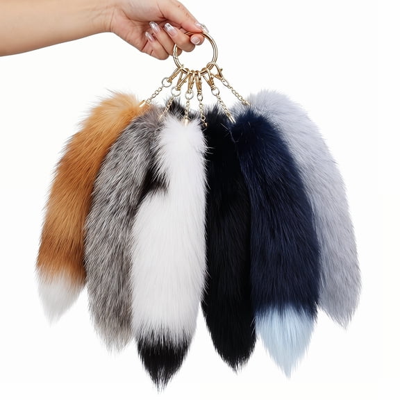YEMNPIOS 6 Pcs Assorted Colors Fluffy Fur Fox Tail Keychains, Large 12 & 16 Inch Faux Fur Wolf Tail for Cosplay Costume, Therian Tail Keyring for Women