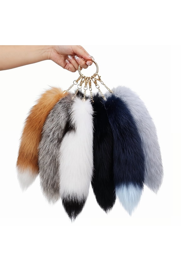6 Pcs Assorted Colors Fluffy Fur Fox Tail Keychains, Large 12 & 16 Inch Faux Fur Wolf Tail for Cosplay Costume, Therian Tail Keyring for Women