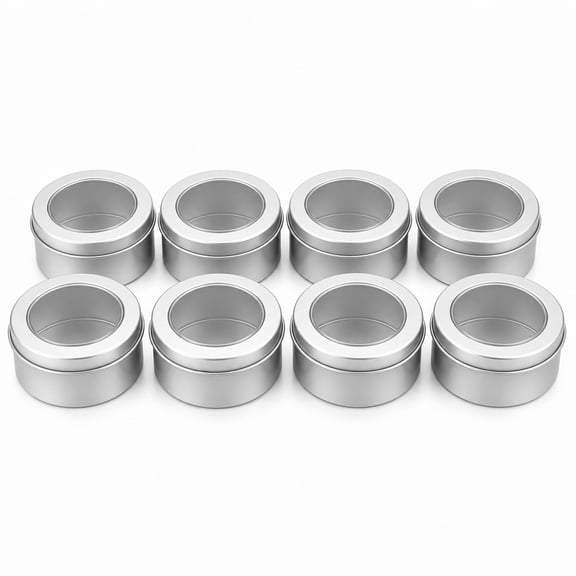 YEMNPIOS 8 Pcs 2 oz Round Tin Can with Clear Lid Metal Container for Crafts Small Items Silver