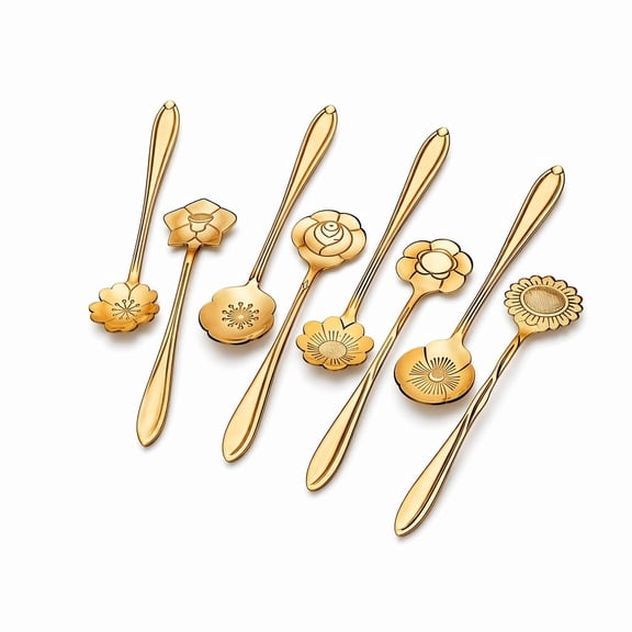 YEMNPIOS 8 Pcs Stainless Steel Decorative Coffee Spoons with Floral Pattern Assorted Designs for Tea Dessert Gold