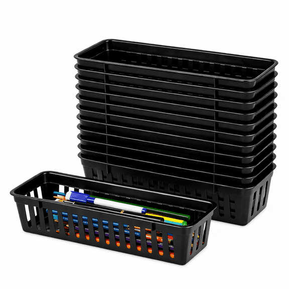 YEMNPIOS Black 12 Pack Slim Plastic Storage Baskets, 10.25 x 3.25 x 2.5 Inch Narrow Stackable Drawer Organizer Trays for Desk, Cabinet, Garage