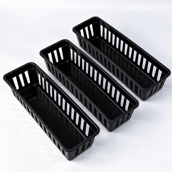YEMNPIOS Black 3 Pack Slim Plastic Storage Baskets, 10.25 x 3.25 x 2.5 Inch Narrow Stackable Drawer Organizer Trays for Desk, Cabinet, Garage