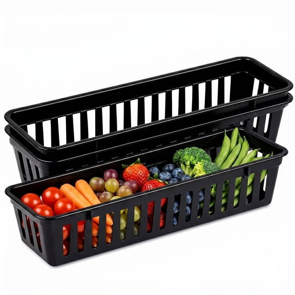 YEMNPIOS Black 3 Pack Slim Plastic Storage Baskets, 10.25 x 3.25 x 2.5 Inch Narrow Stackable Drawer Organizer Trays for Desk, Cabinet, Garage