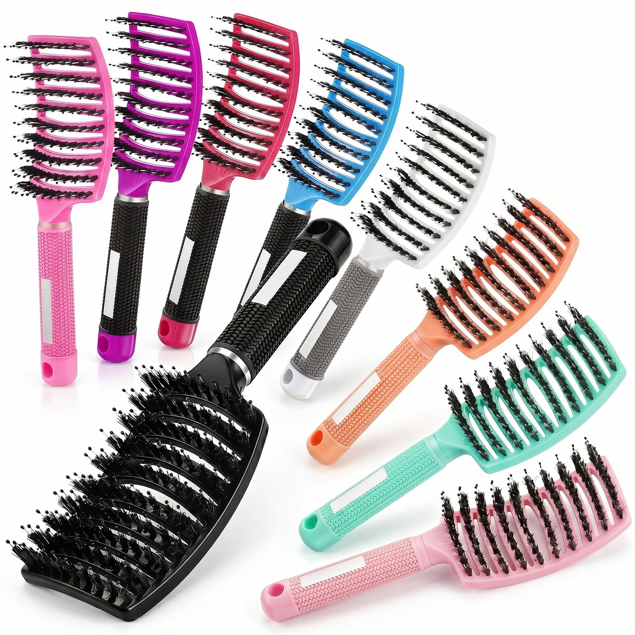 YEMNPIOS Boar Bristle Detangling Brushes, Curved Vented for Dry Wet Curly Thick Straight Hair, 9 Pcs Bulk