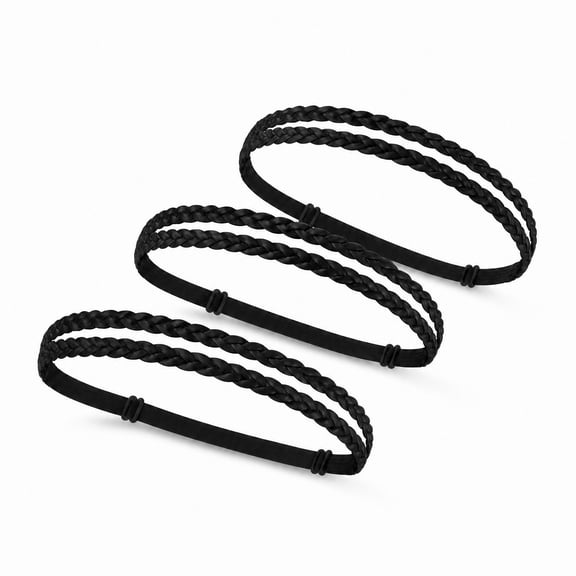 YEMNPIOS Boho Leather Stretchy Double Non Slip Hair Accessory Elastic Braided Headbands 3 Pcs Black