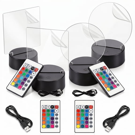 YEMNPIOS DIY LED Lamp Set, 12 Pcs/4 Sets Clear Acrylic Sheets and 3D Night LED Light Base with Remote Control USB Cable
