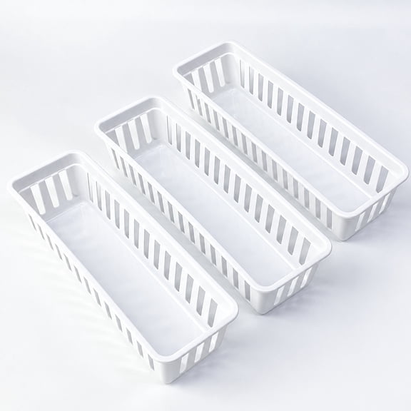 YEMNPIOS White 3 Pack Slim Plastic Storage Baskets, 10.25 x 3.25 x 2.5 Inch Narrow Stackable Drawer Organizer Trays for Desk, Cabinet, Garage