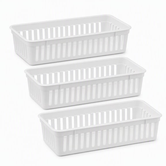 YEMNPIOS White 3 Pack Slim Plastic Storage Baskets, 10.25 x 3.25 x 2.5 Inch Narrow Stackable Drawer Organizer Trays for Desk, Cabinet, Garage