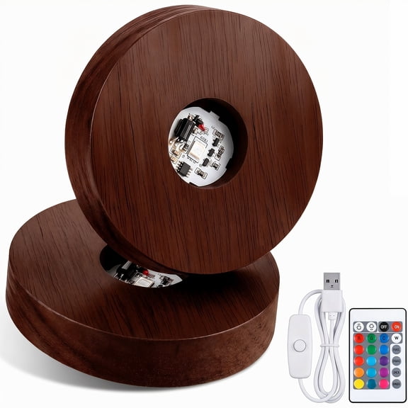 YEMNPIOS Wooden LED Display Light Base, Round Remote Control 16 Lighting Modes, for Crystal Glass Resin Ball, Walnut, 2 Pieces