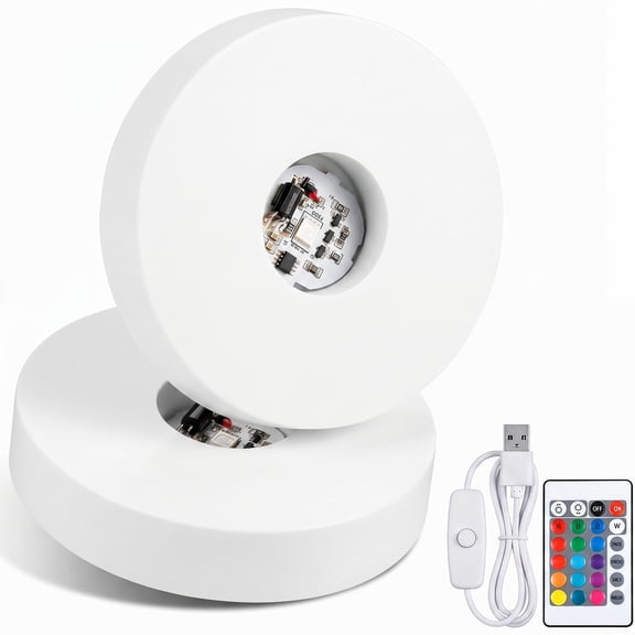 YEMNPIOS Wooden LED Display Light Base, Round Remote Control 16 Lighting Modes, for Crystal Glass Resin Ball, White, 2 Pieces