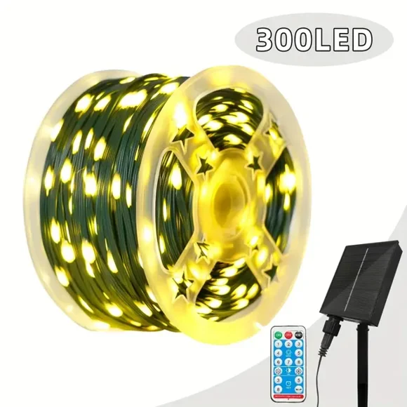 YEOLEH 108FT Solar String Lights 300LED, IP67 Waterproof Green Wire Outdoor Tree Lights with 8 Modes, for utdoor Garden Tree Fence Decorations (Warm White)