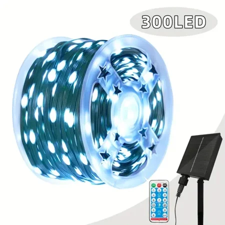 YEOLEH 108FT Solar String Lights 300LED, IP67 Waterproof Green Wire Outdoor Tree Lights with 8 Modes, for utdoor Garden Tree Fence Decorations (White)