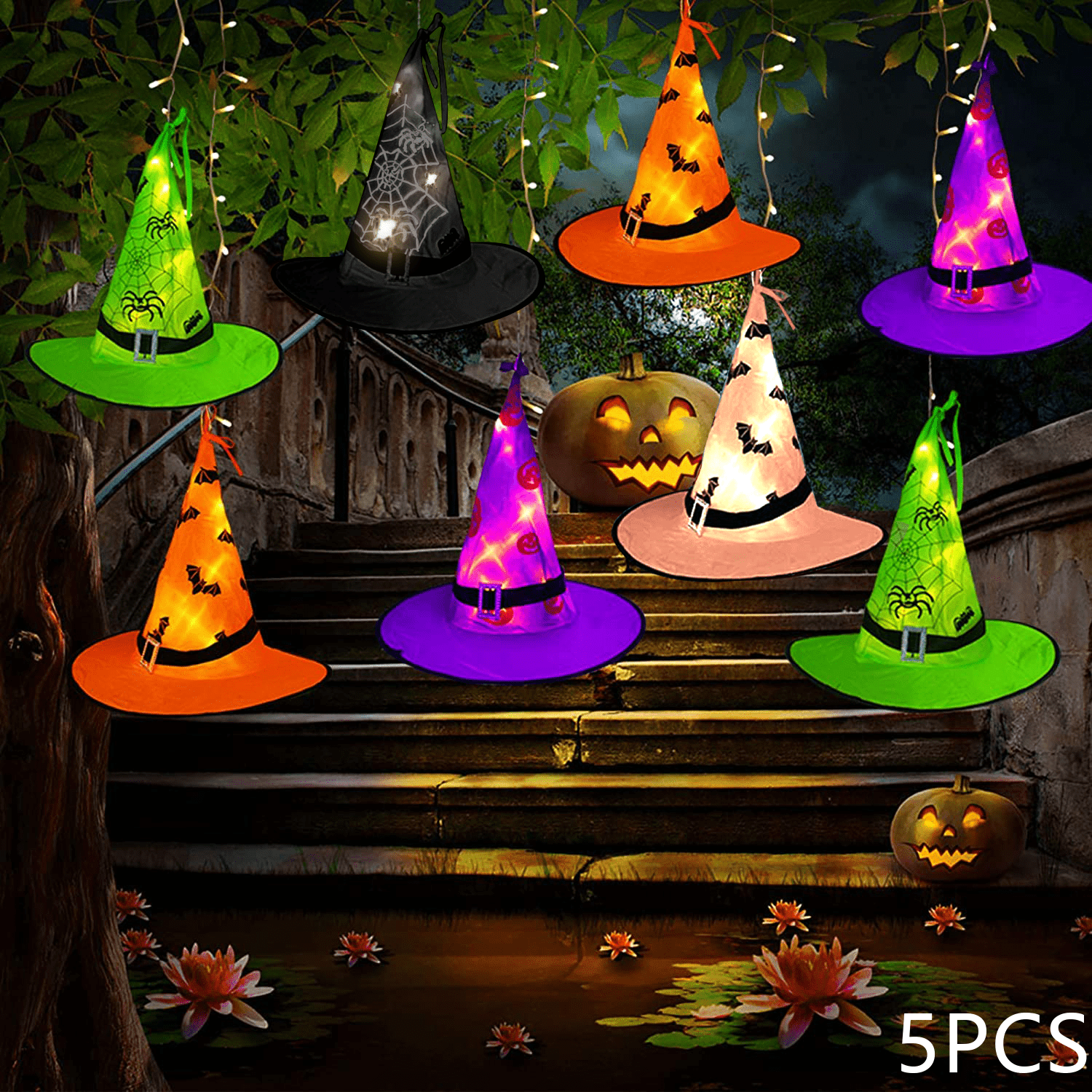 YEOLEH Halloween Decorations Lighted Witch Hats 5Pcs, Glowing ...