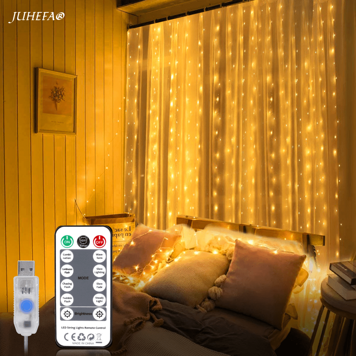 YEOLEH LED Curtain Lights Bedroom Light,8 Modes Christmas Fairy Light ...