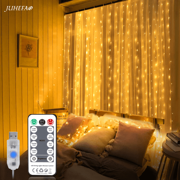 YEOLEH LED Curtain Lights Bedroom Light,8 Modes Christmas Fairy Light with Timer Remote for Valentine Wedding Bedroom Decor,Warm White,7.9Ft x 5.9Ft