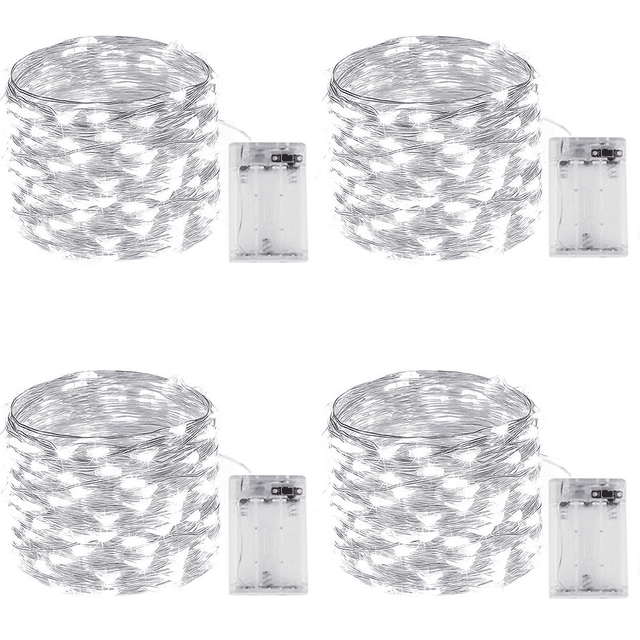 YEOLEH Led Fairy Lights Battery Operated String Lights Silver Wire,Total 160FT 480 LED Battery Lights IP65 Waterproof for Xmas Patio Outdoor Room Decor, White,4 Pack