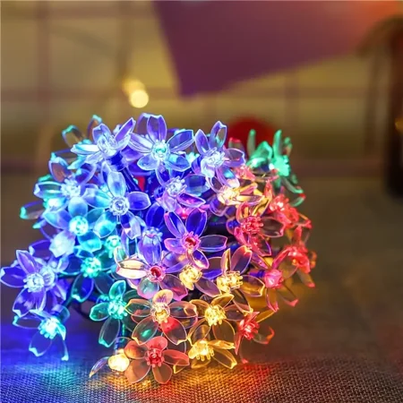 YEOLEH Solar Flower String Lights 50LED, IP65 Waterproof 8 Mode Cherry Blossoms Solar Fairy Light for Fence Garden Yard Patio Tree Decor, MultiColor