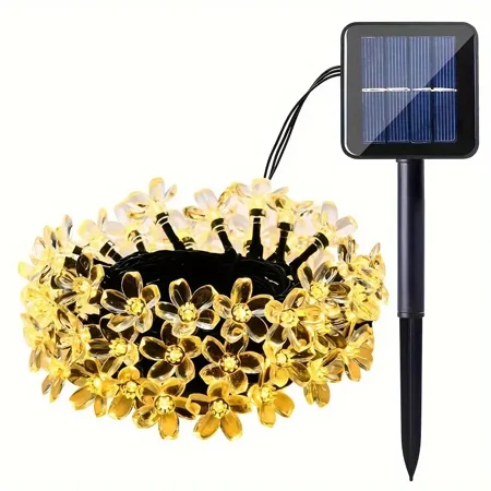YEOLEH Solar Flower String Lights 50LED, IP65 Waterproof 8 Mode Cherry Blossoms Solar Fairy Light for Fence Garden Yard Patio Tree Decor, Warm White